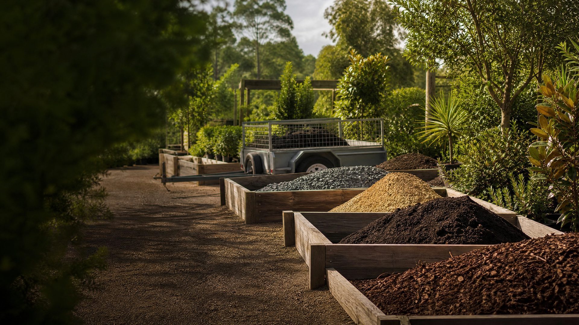 Garden materials and a utility trailer in a leafy garden-centre yard