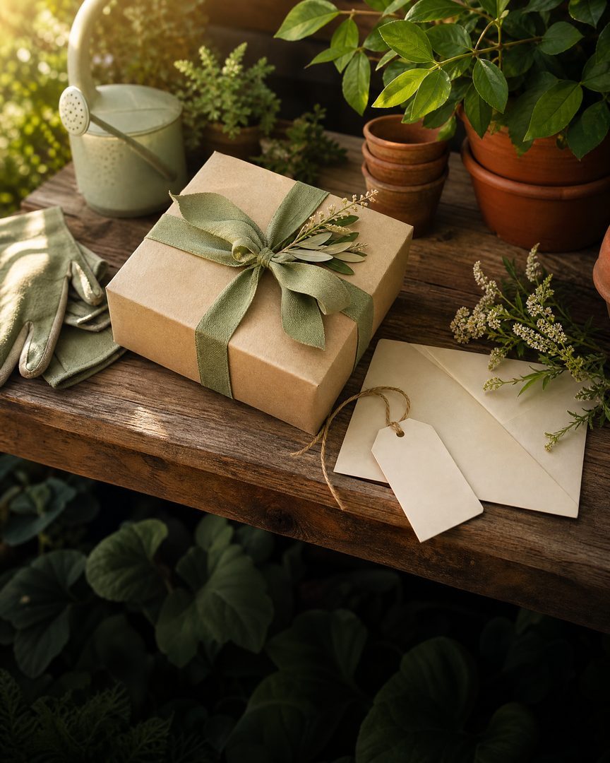 Garden-themed wrapped gift on a potting bench