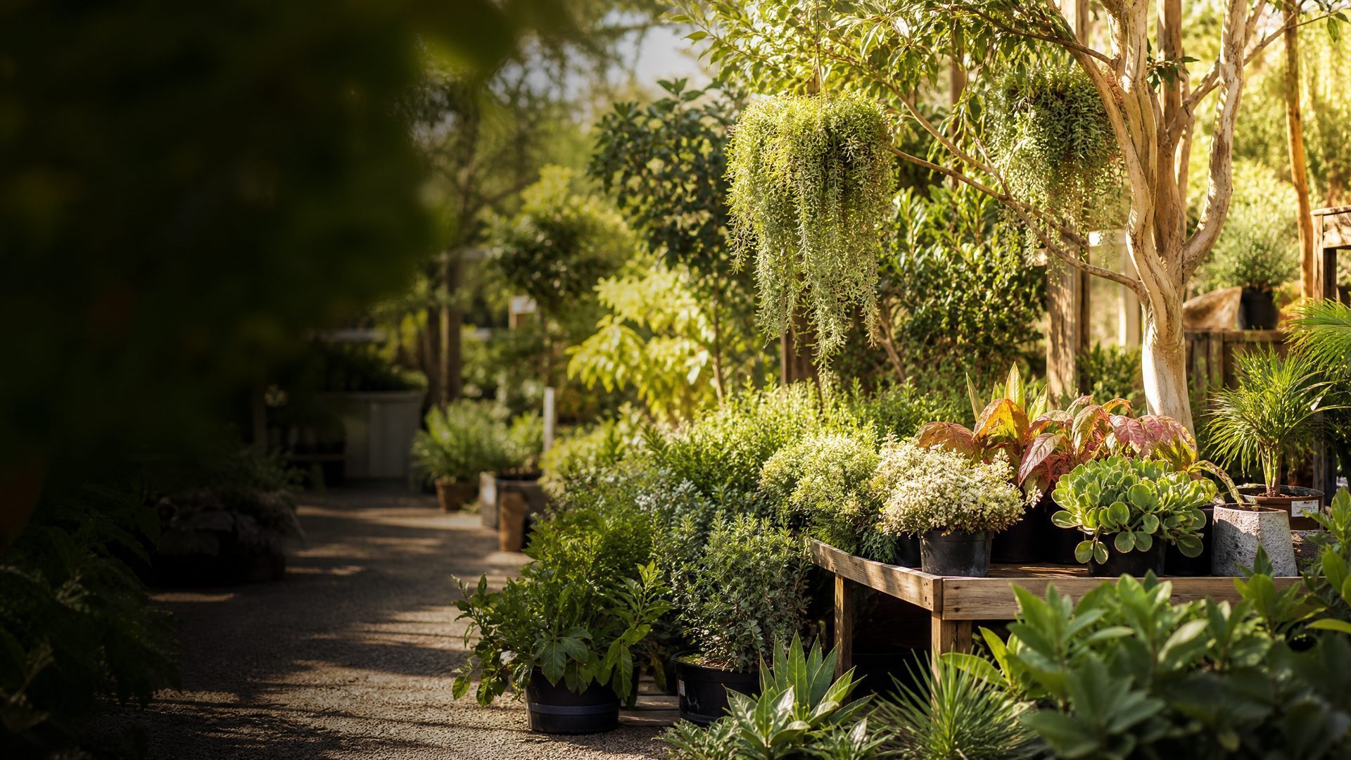 Lush garden-centre plants and a leafy nursery pathway