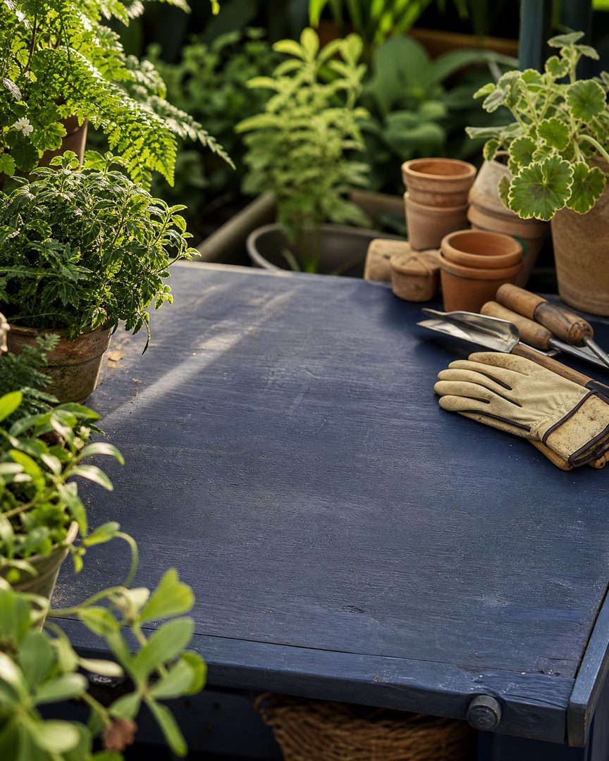 Garden potting bench with plants and gardening tools
